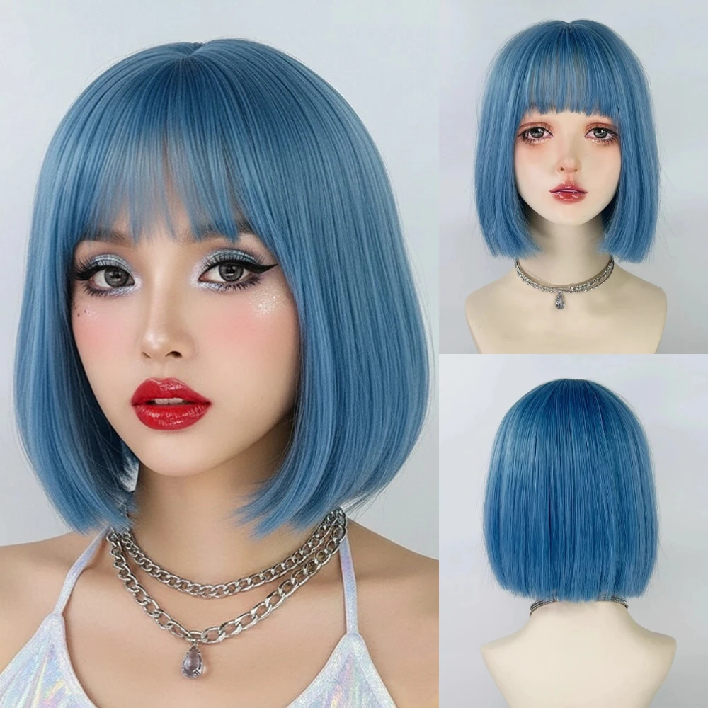 

Синтетические синие короткие прямые парики боб с челкой, пушистый женский парик Лолиты для косплея, термостойкий для повседневной вечеринки