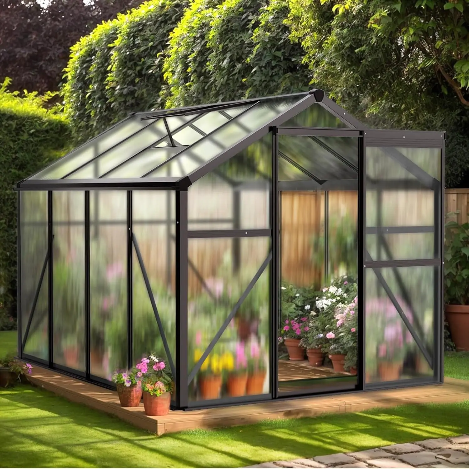 

6x8 FT Greenhouse for Outdoors, Heavy Duty Polycarbonate Panels with 5 Roof Vents, Large Walk-in Greenhouse , Customized