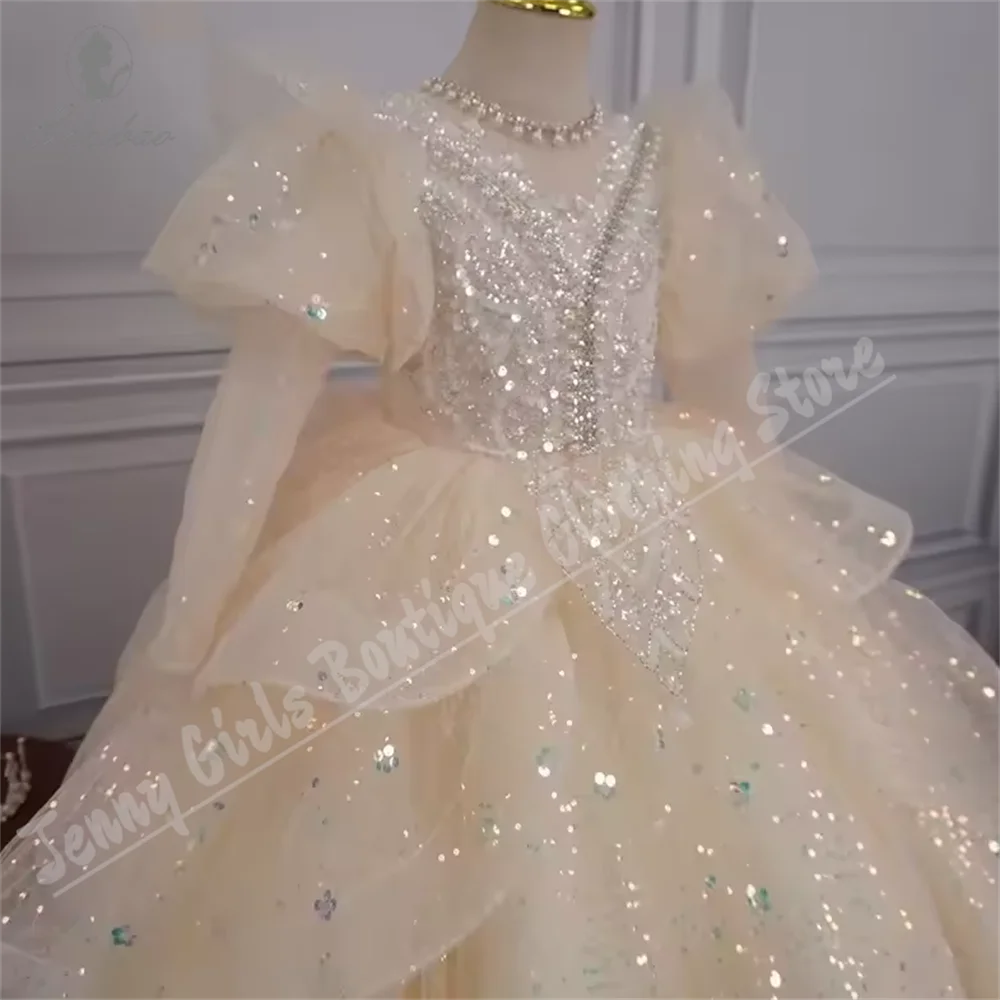 

Baby Girl Wedding Princess Champagne Dress Luxury Sequin Party Pearls Puff Sleeve Flower Girls Costume First Communion