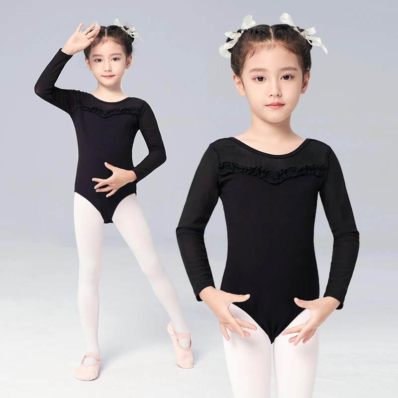 Girls Ballet Cotton Mesh Splice Dance Leotards Kids Gymnastics Dance Long Sleeves Children Elegant Lace Costumes