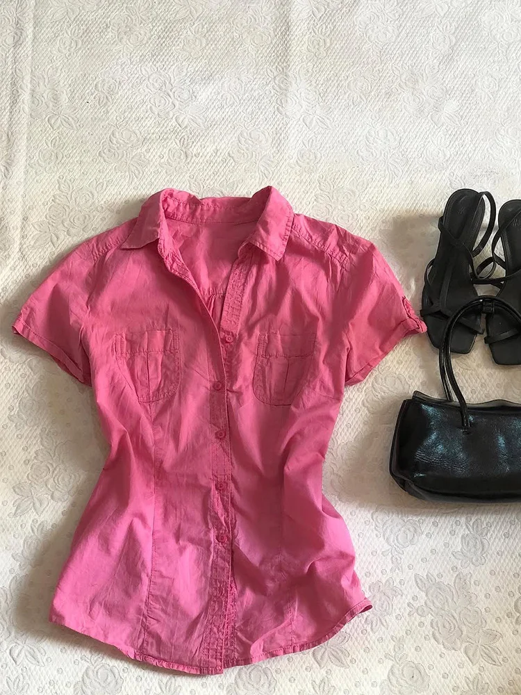 

Original Retro Pink Shirt Slimming Beautiful Waist Cinched Half Sleeves Collar Commute Style Korean Version Cotton Blend