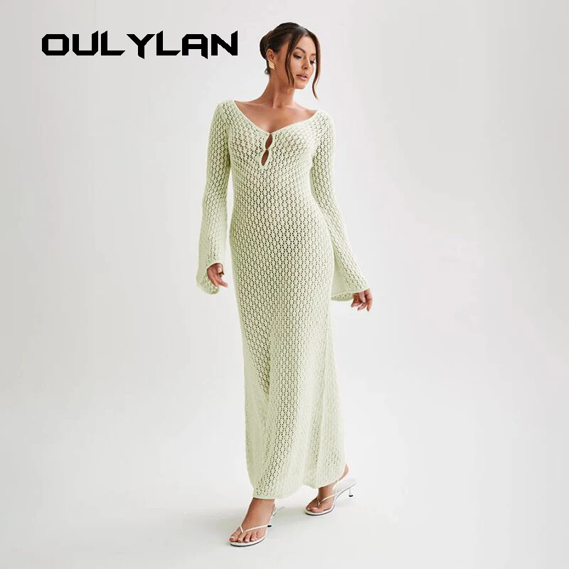 

Sexy Cover Up Long Sleeve Long Dress Women Backless Beach Wear Bathing Suit Knitting Swimwear knitted Beach Dress Tunic Robe