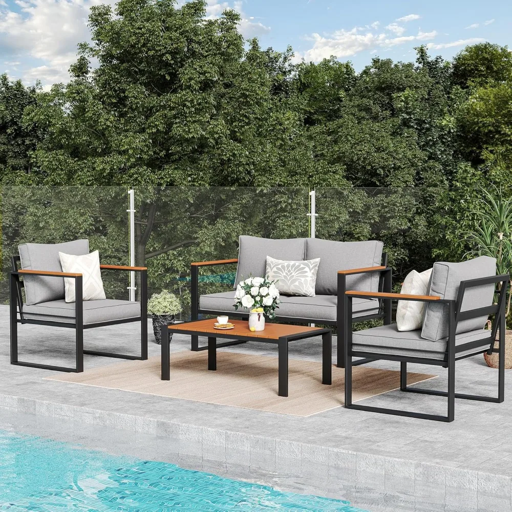 

4 Pieces Patio Furniture Set, Metal Patio Conversation Set, Outdoor Furniture Set with Thicken Cushion and Plastic-Wood Coffee