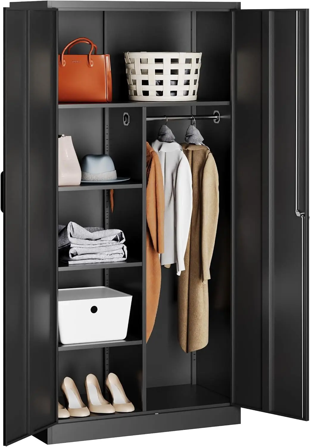 Metal Wardrobe Cabinet With Lock, Freestanding Tall Storage Armoire Closet With Hanging Rod For Bedroom Office Garage, Heavy Duty Steel Clothes Organizer Locker With Locking Doors, Modern Black, One Piece