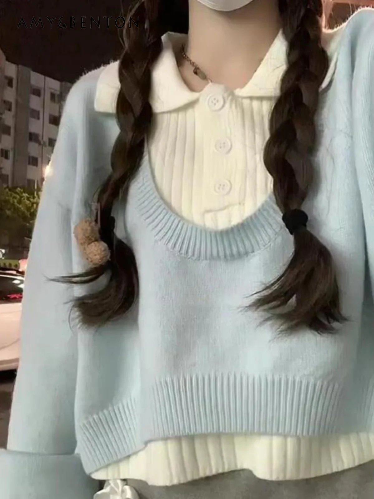 

Весна и осень 2024, корейский стиль, студенческий стиль, короткий воротник-поло, синий, белый, черный, серый, розовый, облегающий комплект из двух предметов, свитер