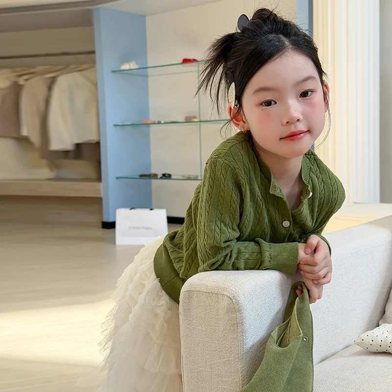 Spring 2026 New Kids Korean Style Gentle Retro Twisted Cardigan Classic Fried Dough Twists Knitted Coat Boutique Dress