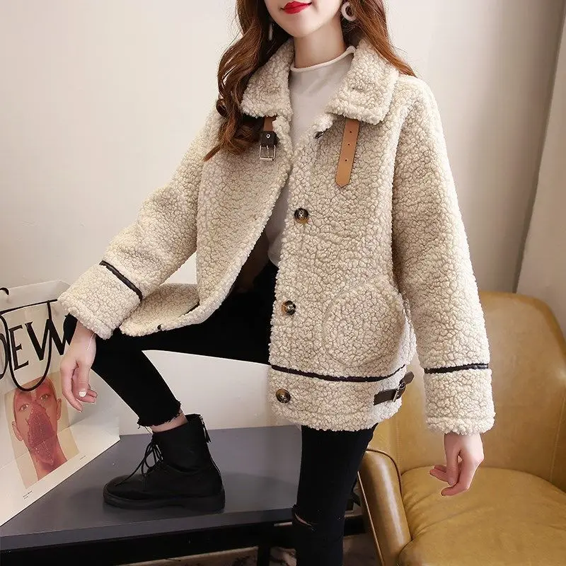 

Faux Lamb Wool Coat Female Fall Winter Korean Fashion Long Sleeve Jacket Women All Match Pocket Outwear Clothes Mujer