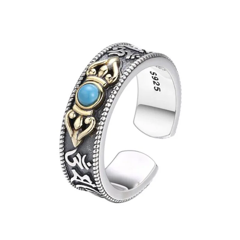 Real 925 Silver Tibetan Six Words Proverb Ring Buddhist OM Mantra Vajra Symbol Ring Resizable Good Luck Jewelry