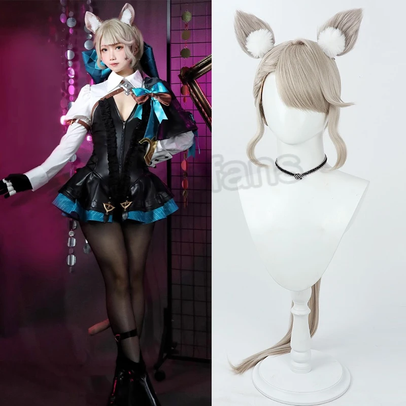 Genshin Impact Lyney Lynette Cosplay Wigs with Ears 105cm Long Light Brown Heat-resistant Fiber Hair +Wig Cap