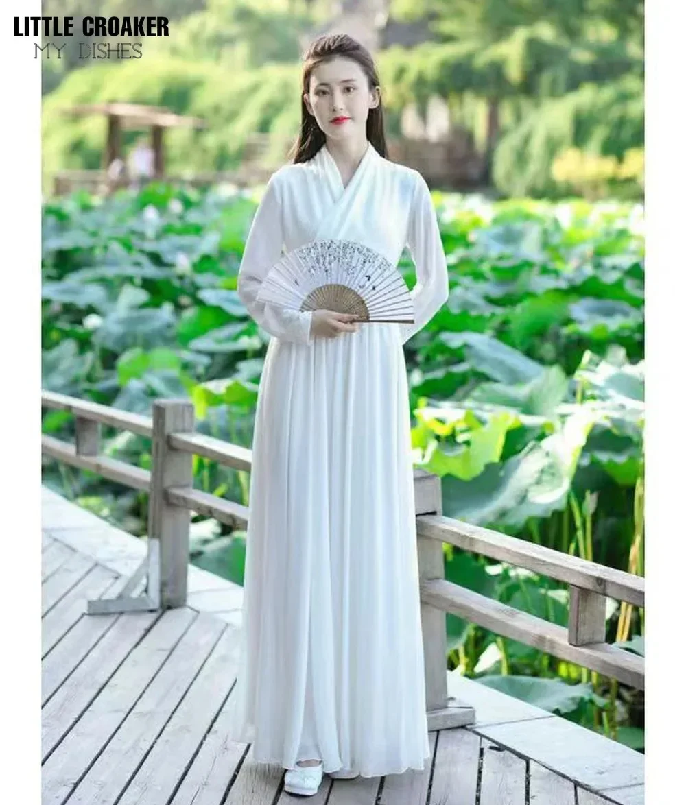 

Vintage Cross Collar Han Element White Red Chiffon Elegant Fairy Dress Long Sleeve Improved Hanfu Chinese Dress Modern