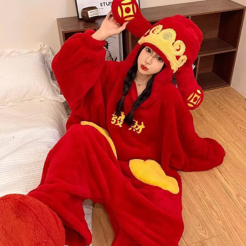 

Women Pajamas Autumn Winter Red Lucky God Of Wealth Flannel For Couple Thick Plus Size Homewear Cute Kawaii
