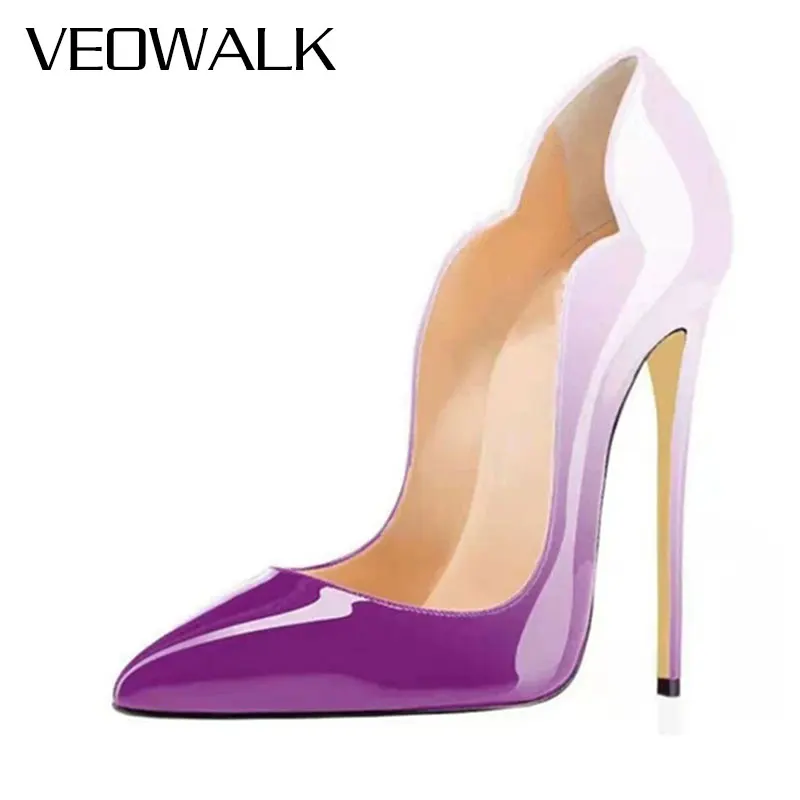 Veowalk White Purple Patent Women Sexy V Cut Stilettos Thin High Heels Pointed Toe Curl Cut Pumps Elegant Ladies Party Shoes