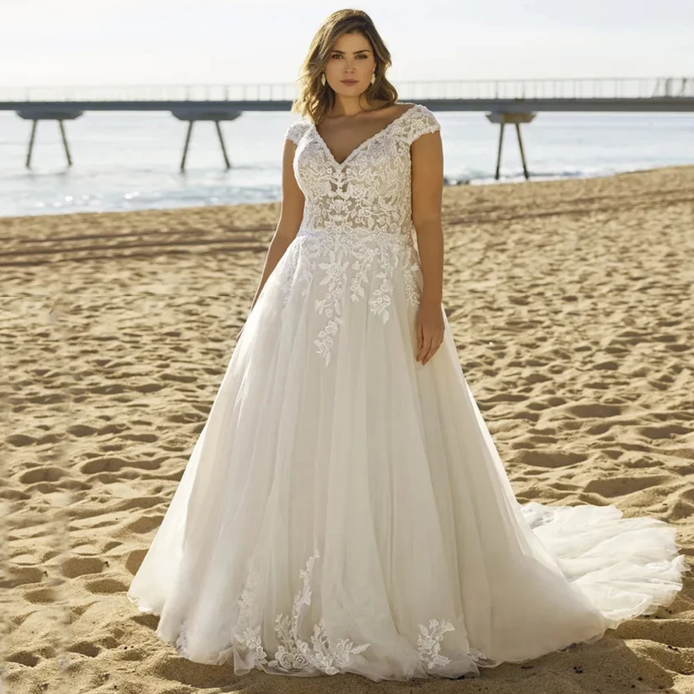 

Customized Plus Size A-line Cap Sleeves Wedding Dresses Appliques Court Train Tulle Bridal Gowns with Button Back Robe de mariée