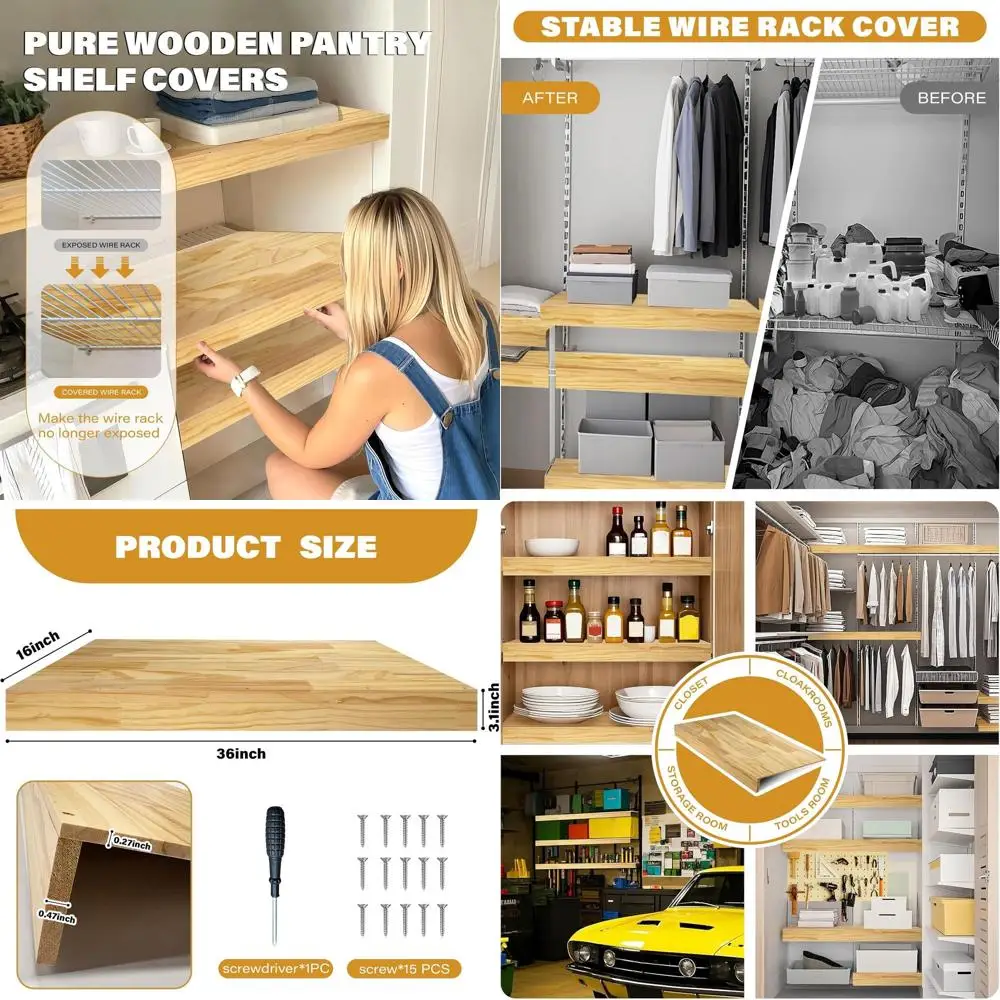 

Set of 3 Removable Wooden Wire Shelf Covers for Kitchen, Pantry, Closet, and Office Storage