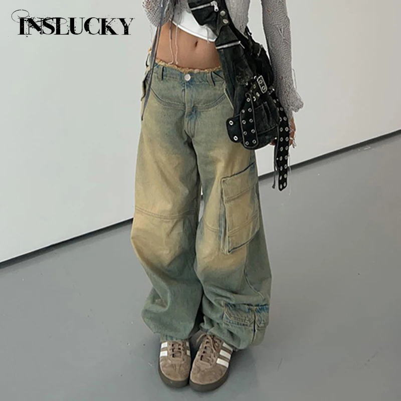 InsLucky Vintage Low Waist Wide Leg Pants Women Denim Trousers Asymmetrical Pockets Loose Gradient Jeans Y2K Punk Streetwear