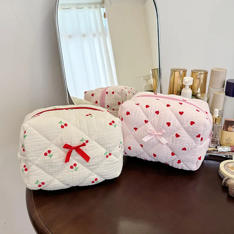 Sac de rangement à carreaux en coton matelassé avec fermeture éclair, sac à cosmétiques, beau sac de voyage, produits de soins de la peau, littérature, fleur