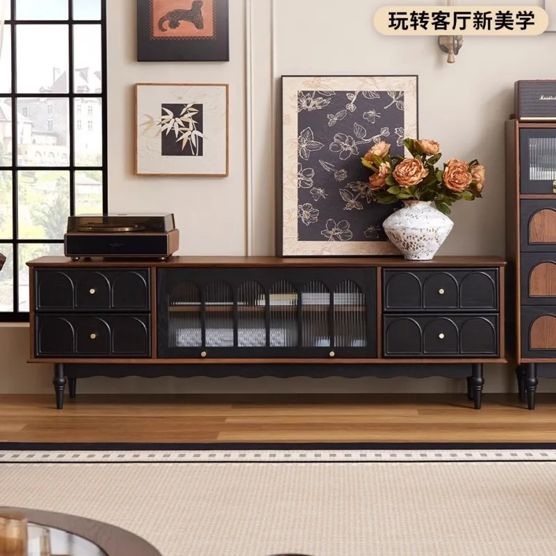 French solid wood TV cabinet household small apartment glass TV cabinet living room retro drawer storage audio-visual cabinet