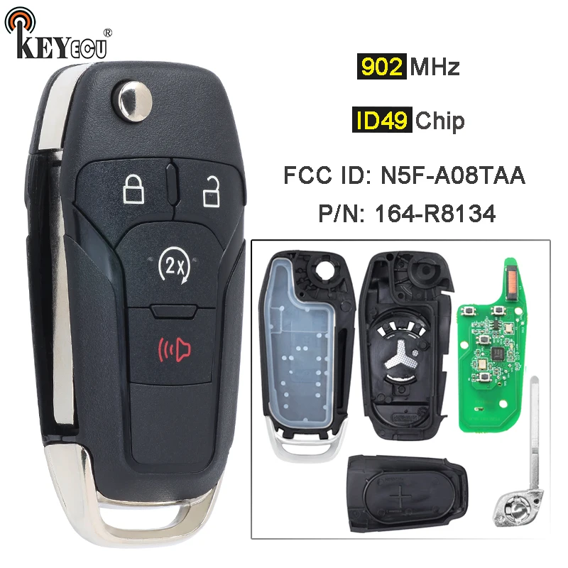 

Брелок KEYECU 902 МГц ID49 со встроенным чипом, 164-R8134, складной дистанционный ключ без ключа для Ford F150 F250 Ranger Bronco Raptor 2015-2021