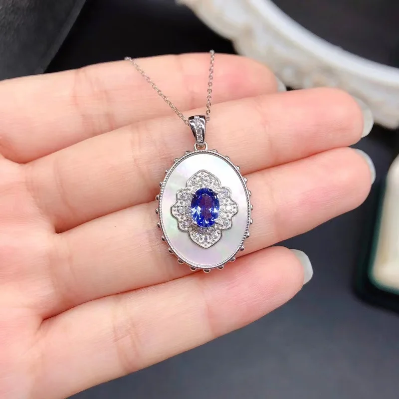 

Vintage 925 Silver Tanzanite Pendant with Precious Sea Shell 5mm*7mm 0.7ct Natural Tanznaite Necklace Pendant with Gold Plating