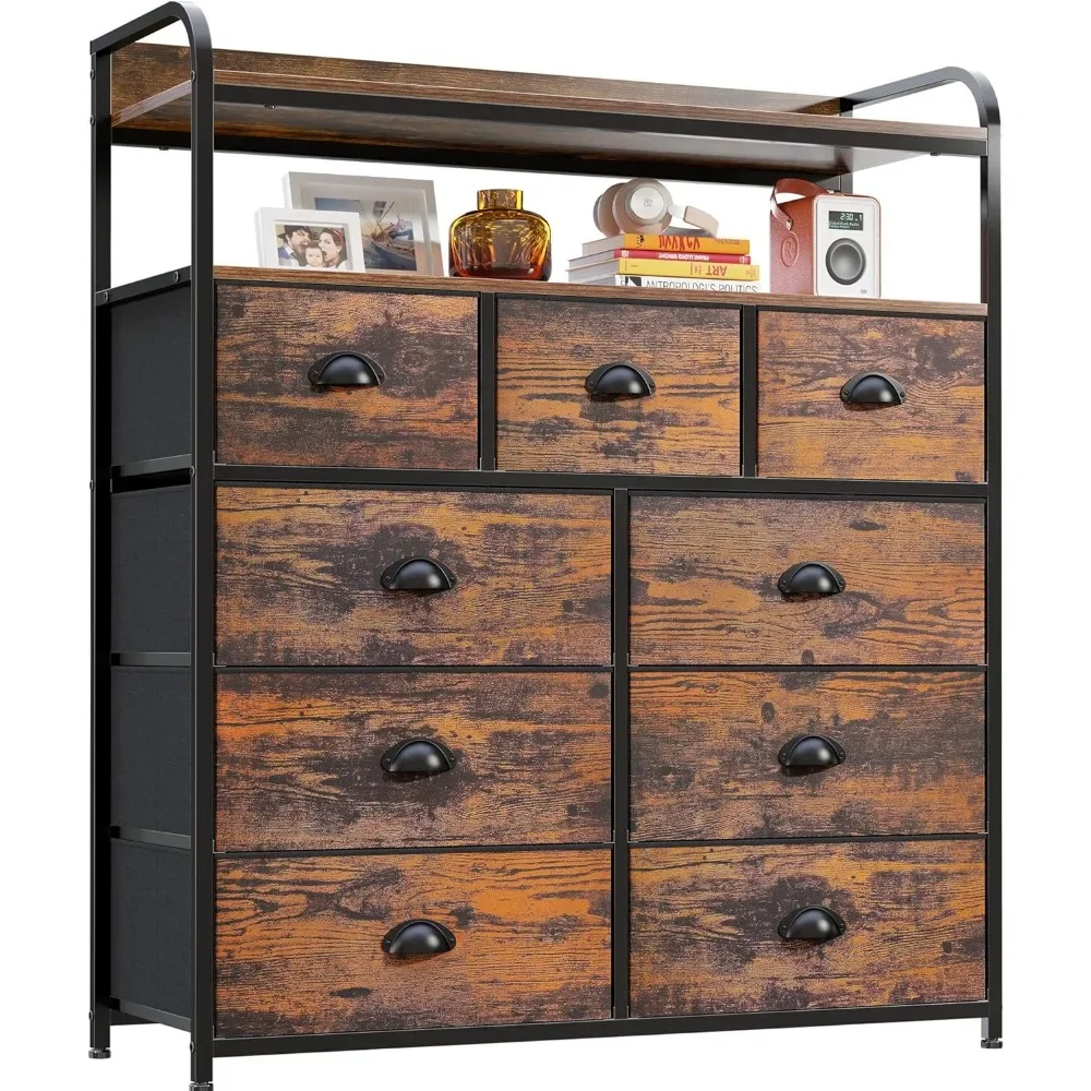 Dressers for Bedroom with 9 Drawers, Dressers & Chests of Drawers for Bedroom with 2 Open Shelves and Metal Frame