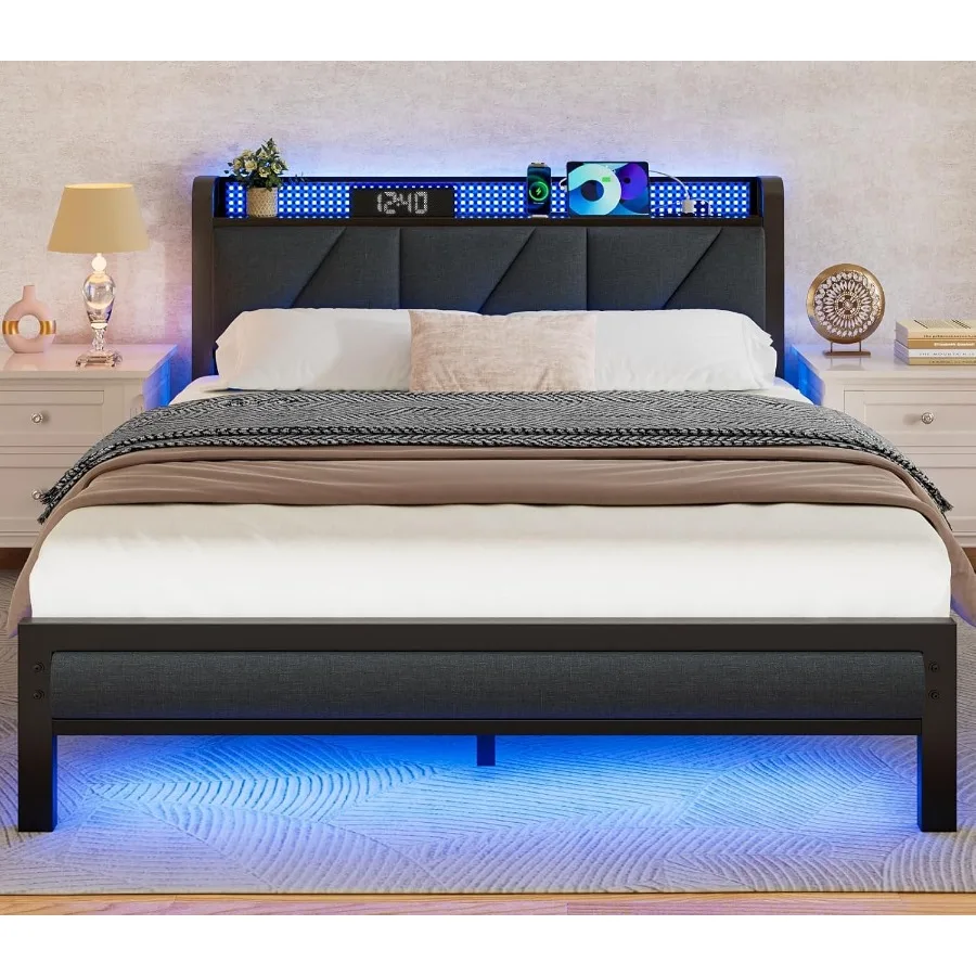 Queen Size Upholstered Metal Bed Frame with Headboard and LED Lights Charging Station and USB Port No Box Spring Needed Noise-F