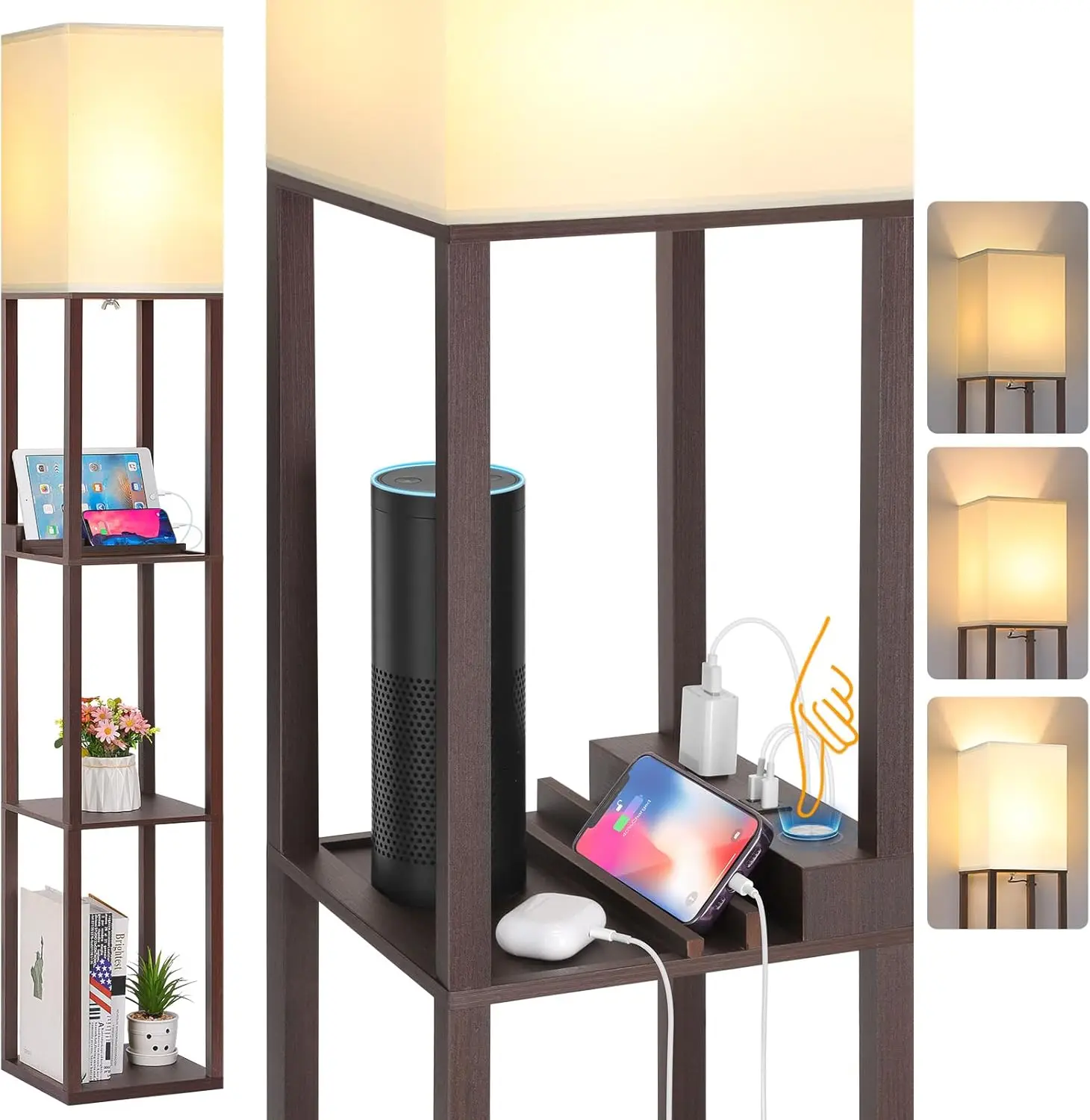 

Touch Control LED Floor Lamp with Shelves, USB Charging & Outlet, Dimmable Standing Lamp for Living Room