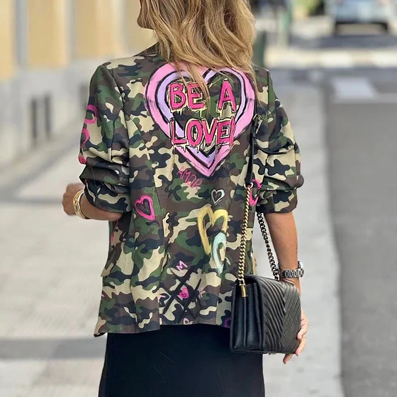 Dames Retro Camouflage Singles Breasted Commuter Jacket Elegant Casual Bloemenprint Lange mouwen Jassen Tops Herfst Uitloper