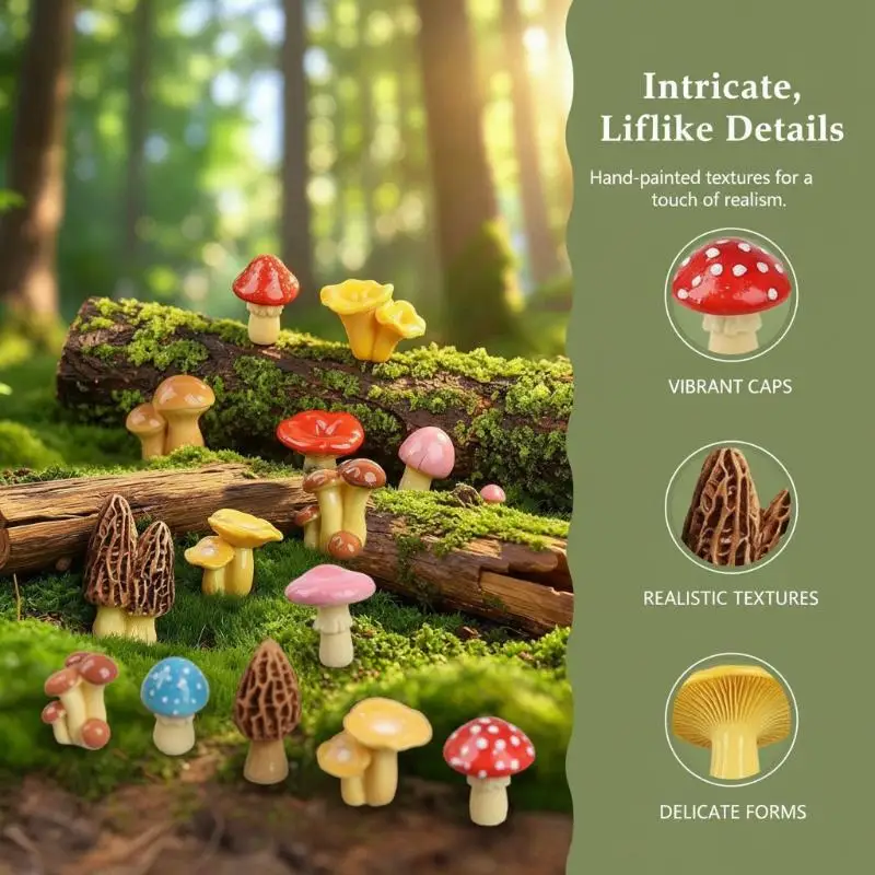 Mini Resin Mushroom Ornament Multi-Color Cute Tiny Decor for Dollhouse Aquarium Fairy Garden Home Office Desktop Decor
