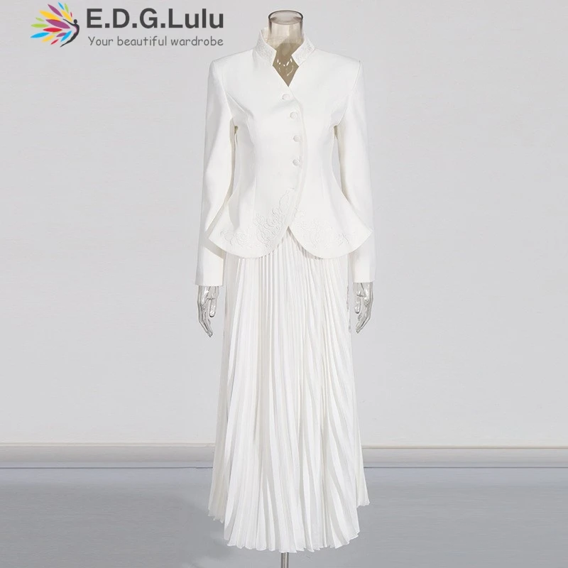 EDGLuLu Women's Irregular Single Breasted Suit Jacket +High Waist Pleat Skirt White Suit Blazer Two Piece Set 2024 Autumn 1113