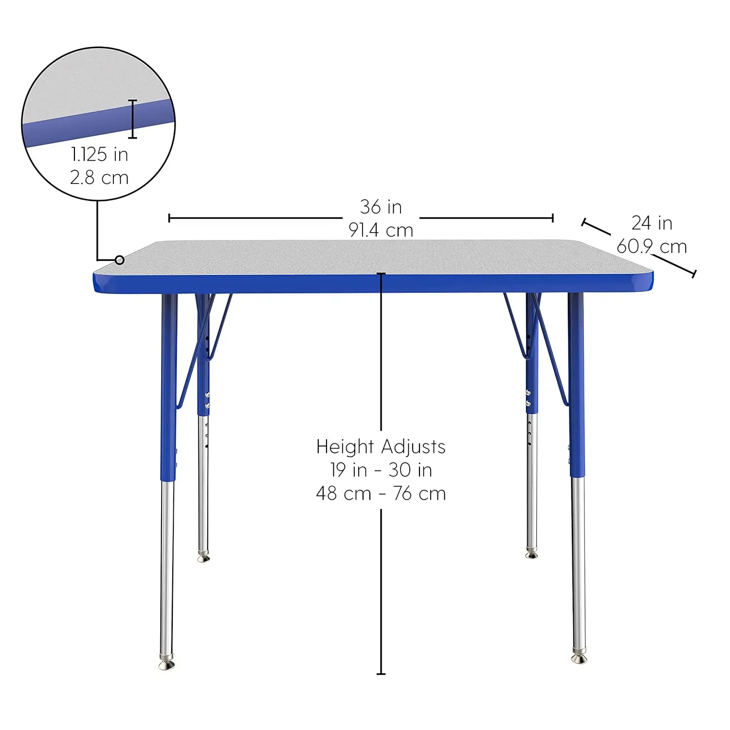 Rectangle Activity Table (24 x 36 inch), Adjustable Height 19-30 inches with Standard Legs & Swivel Glides, Gray Top & Blue Edge