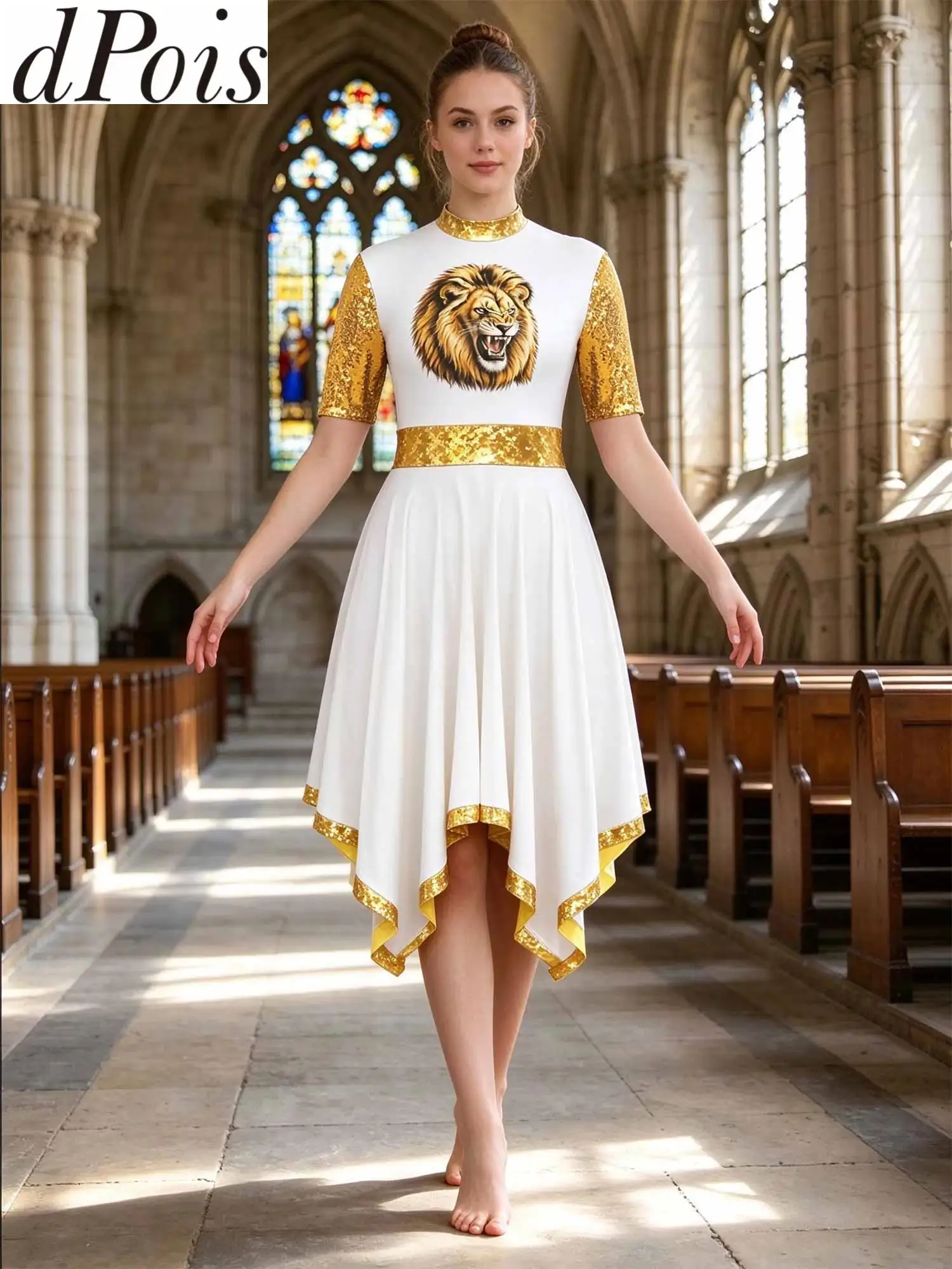 Women Liturgical Praise Worship Lyrical Dance Dress Short Sleeves Irregular Hem Dress Ballroom Ballet Dance Performance Costume