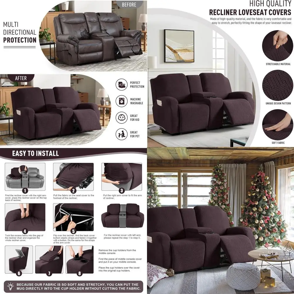 

2-Seat Recliner Sofa Slipcovers with Middle Console, Stripe Jacquard Couch Cover, Dark Coffee, Elastic Fit for Kids & Pets