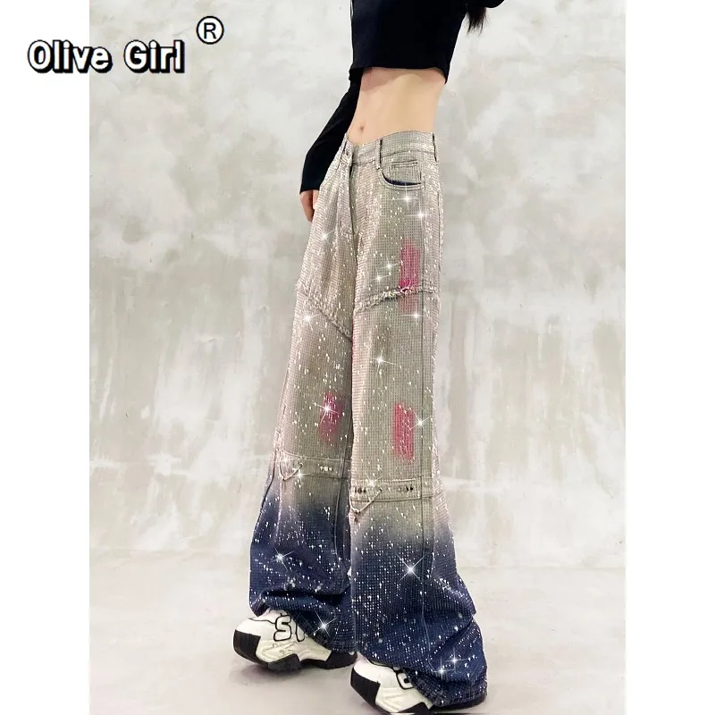 Olivegirl Denim Jeans Full Sky Star Diamond Painted Rivet Chain Pants Women Trousers High Waisted Loose Straight Leg Wide Leg