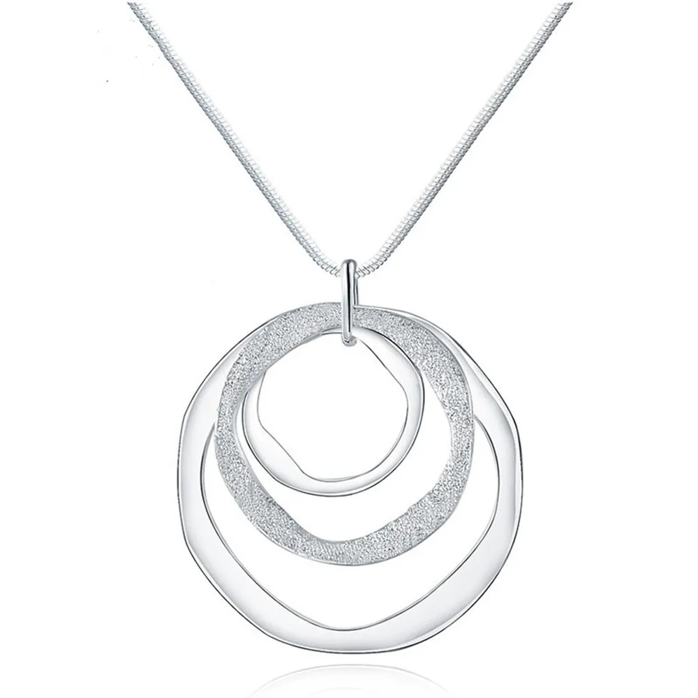 925 Sterling Silver 16-30 Inches Three Circle Pendant Chain Frosted Necklace For Women Fashion Wedding Party Charm Jewelry