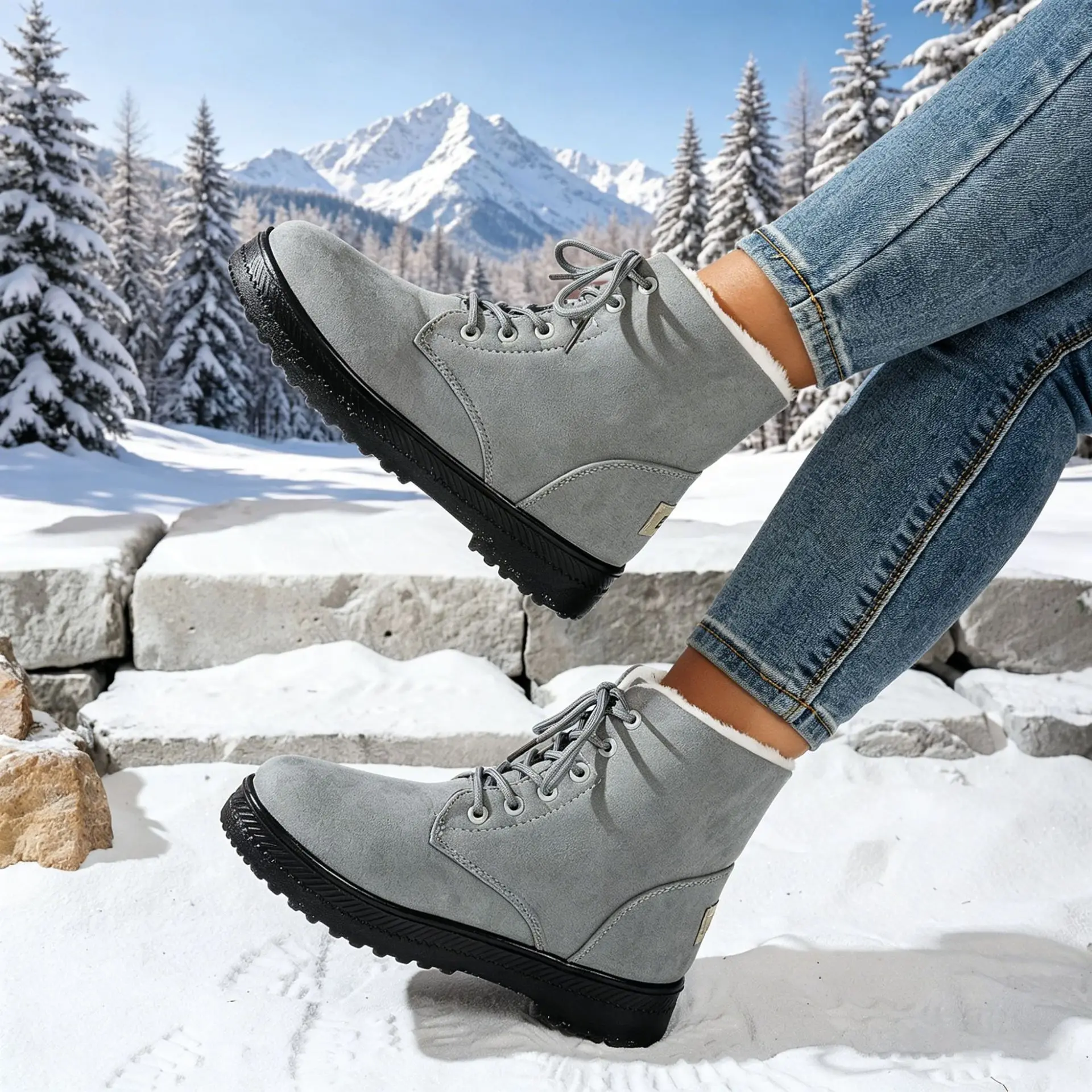 Damen Winter Schnür-Schneestiefel mit Wildleder-Optik, Fleece-Futter, Rutschfeste Dicke Sohle, Warme Knöchelhohe Kampfstiefel – Detail 2