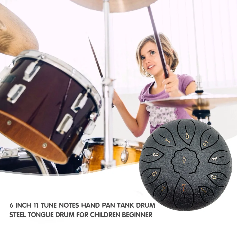 6 inch 11 Notes Steel Tongue Drum Ethereal Drum for Meditation Yoga Percussion Musical Instruments with Drumsticks Giftware