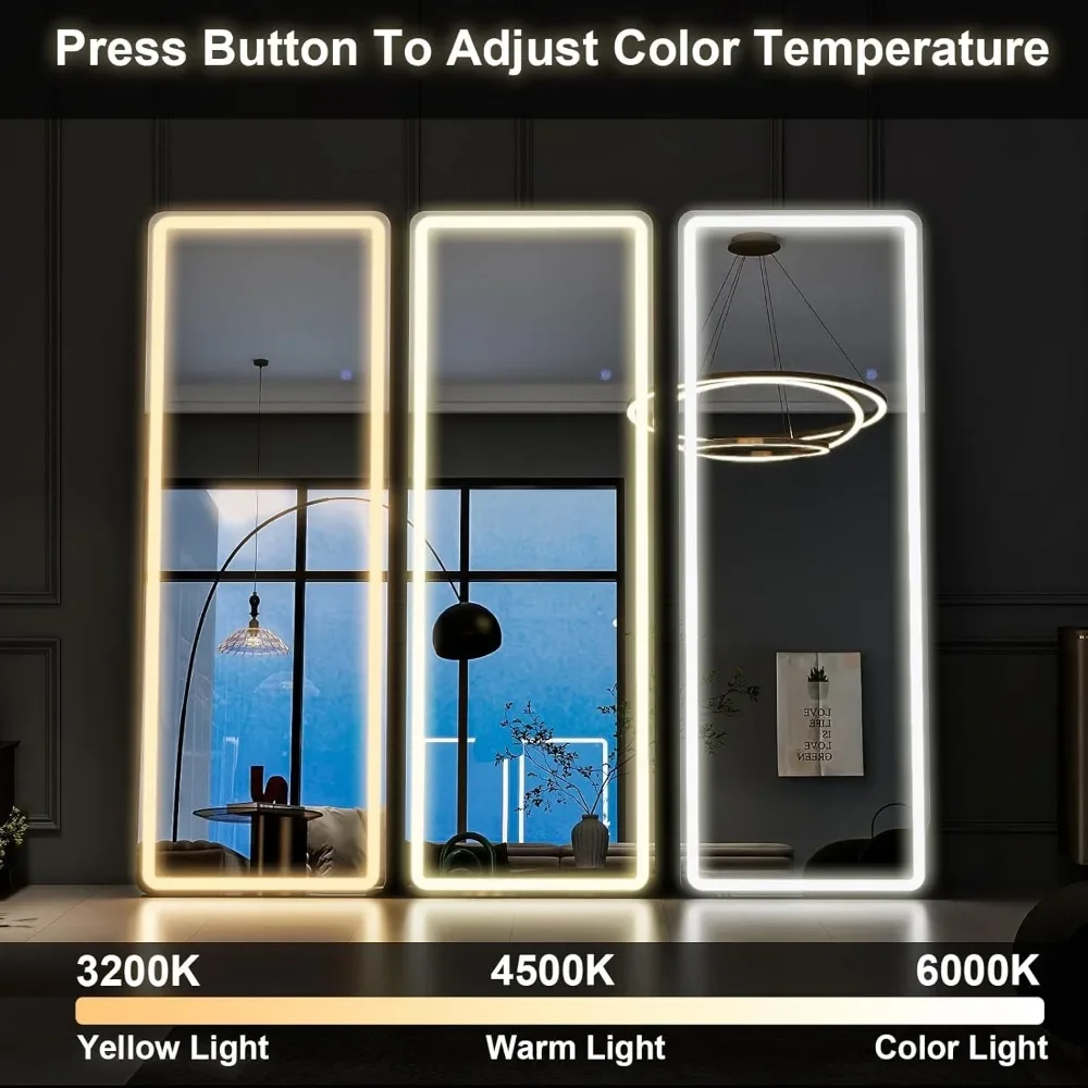 Miroir pleine longueur LED 64" x 21" avec lumières, mural ou sur pied pour chambre à coucher, salon, salle de bain