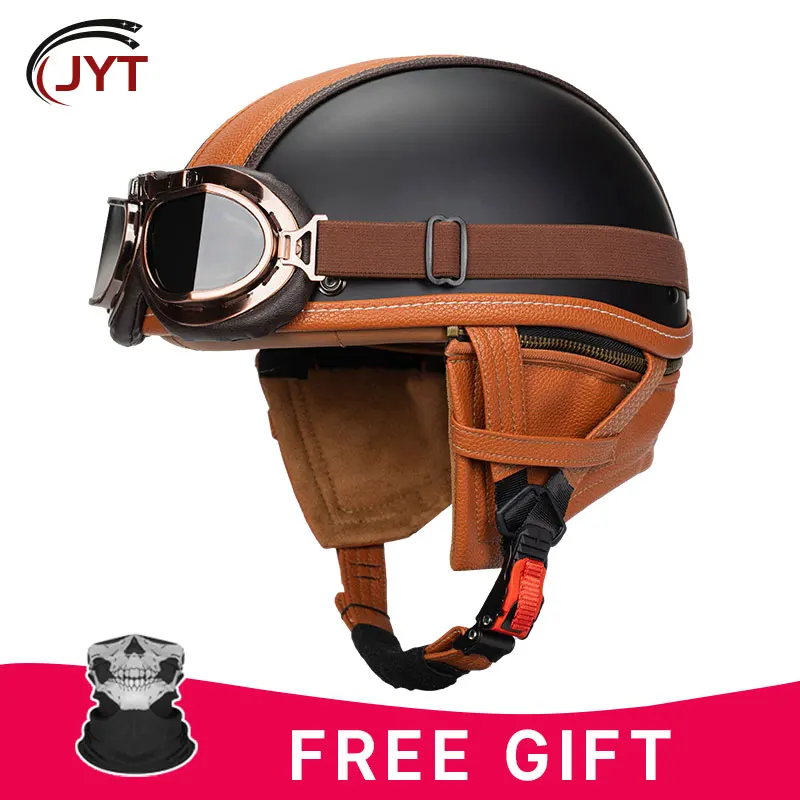 DOT Approved Half Face Helmet Low Profile Motorcycle Helmets Leather Vintage Motorbike Helmets Men Women Unisex Scooter Cruiser