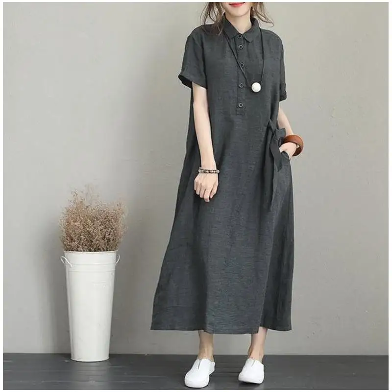 Women's Loose Fit Short Sleeve Neck Cotton Linen Blend Dress with Pockets A-Line Skirt Style City Walk Suitable