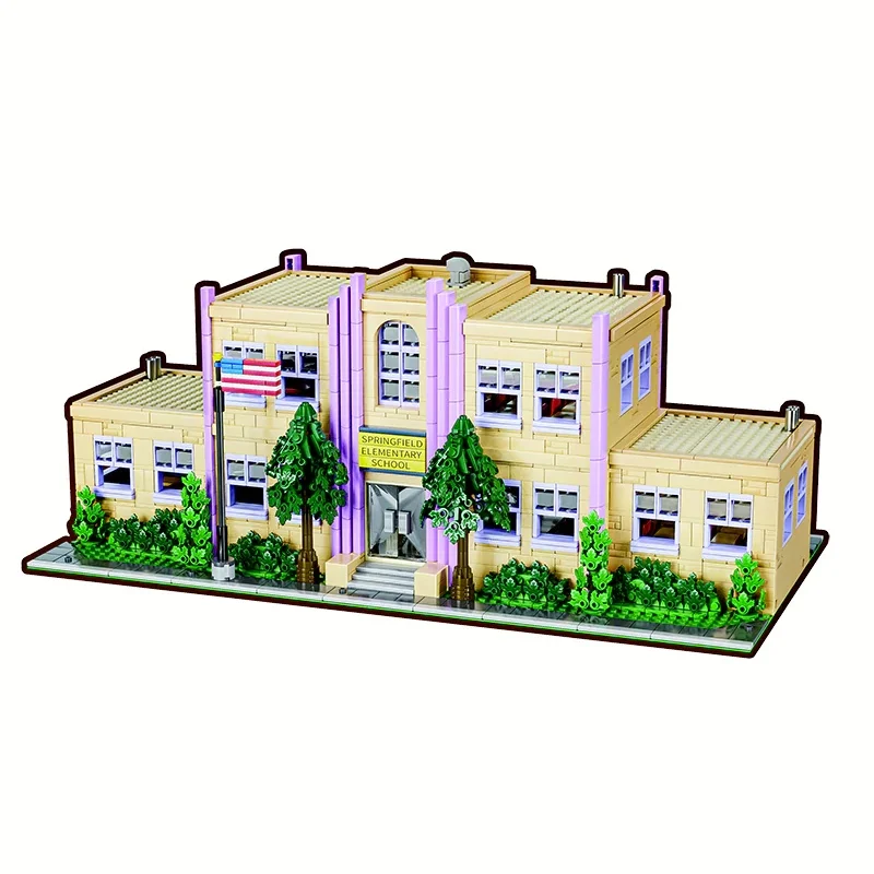 Barweer Kreatives Anime Springfield Grundschulgebäude Klemmbausteine Bausteine-Set 3500 Teile Straßenansicht Klassische Stadt Schule Modulares Architekturmodell Bausatz DIY Montage-Spielzeug Geschenk