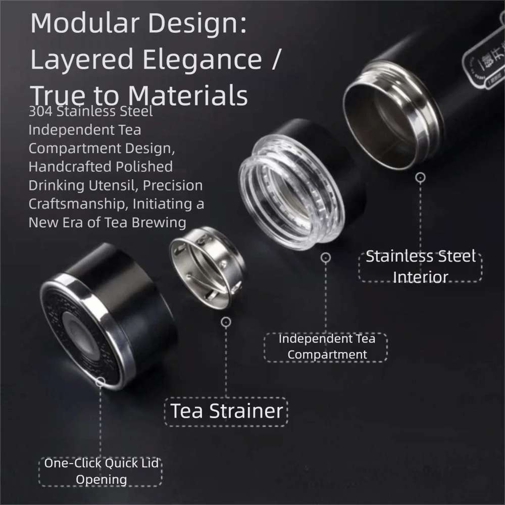 Portable 500ml Black Water Cup Memorial Tea Separation Insulation Cup One Click Open Lid Vacuum Flask