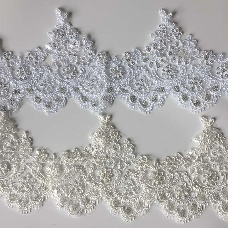 9Yards White Ivory Sequins Cording Fabric Flower Venise Venice Mesh Lace Trim Applique Sewing Craft for Wedding Accessories