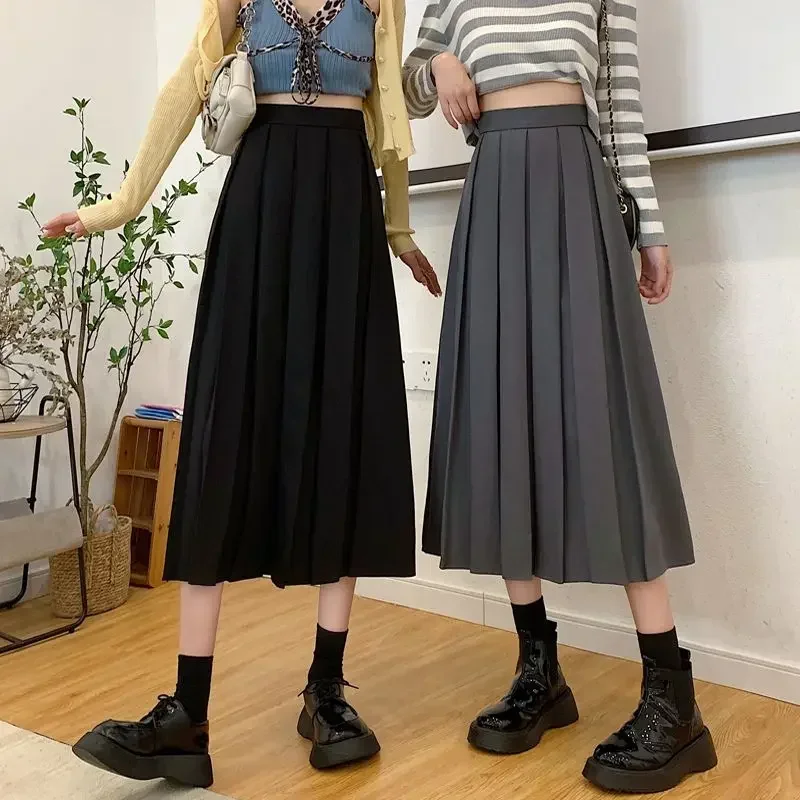 Fashion Long Pleated Skirt Solid Midi Skirt High Waist A-line Women Vintage Korean School Girl Elegant Casual Autumn