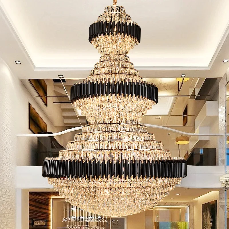 Luxury Crystal Stair Chandelier Lighting Villa Lobby Hotel Large Decoration Hanging Lamps Black/Gold Lighting Modern Led Lamp