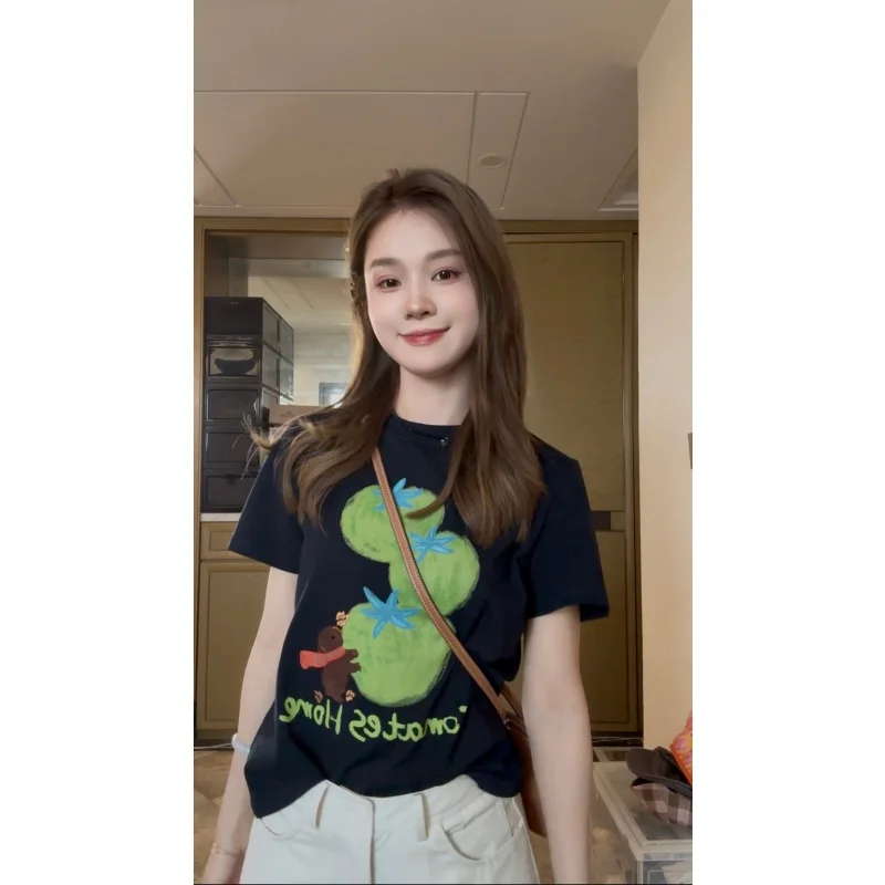 

Spring Summer Cute Tomato Print Short Sleeve T-Shirt Women's Casual Loose Fit Cotton Blend Top Fashionable Ageless Design