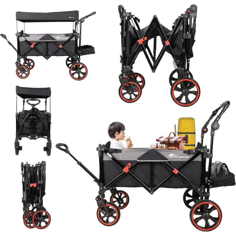 Foldable Wagon, Heavy Duty Wagon Cart, Beach Cart with Wheels, Adjustable Handle, Outdoor Utility Wagon for Beach Garden