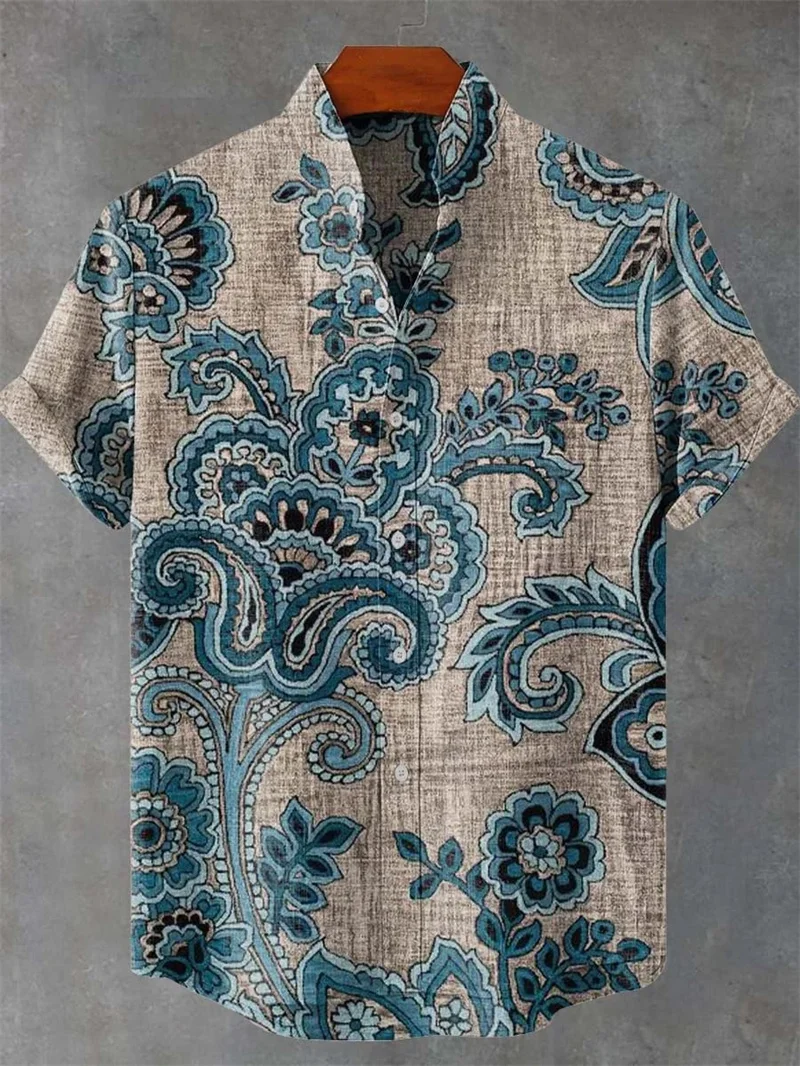 

Винтажная синяя повседневная рубашка с цветочным узором пейсли, 100% серия, рубашка с 3D принтом курицы, мужская рубашка высокого качества с коротким рукавом, топ
