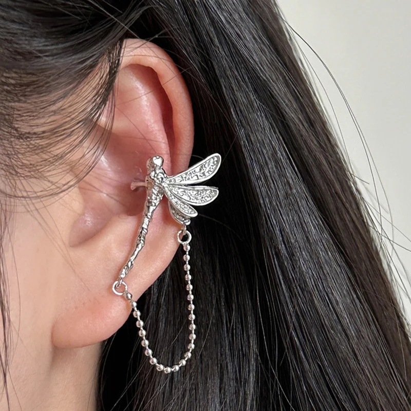 1pc Cool Dragonfly Earbone No Pierced Earrings Fake Piercing Beads Tassel Silver Color Insect Ear Cuffs Vintage Jewelry EF114