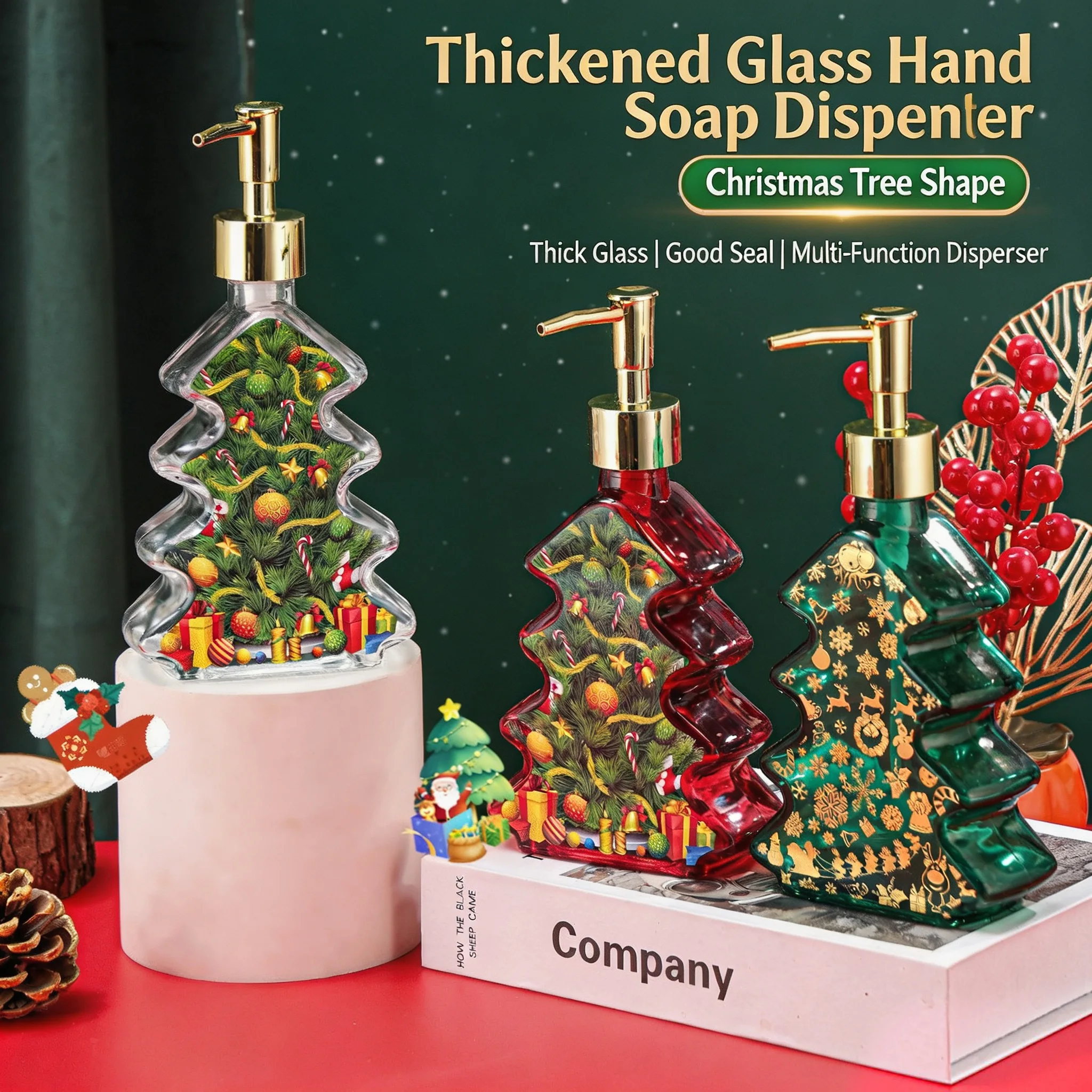 Refillable Christmas Tree Glass Soap Dispenser Empty Pump Bottle for Hand Lotion Bathroom Xmas Decoration