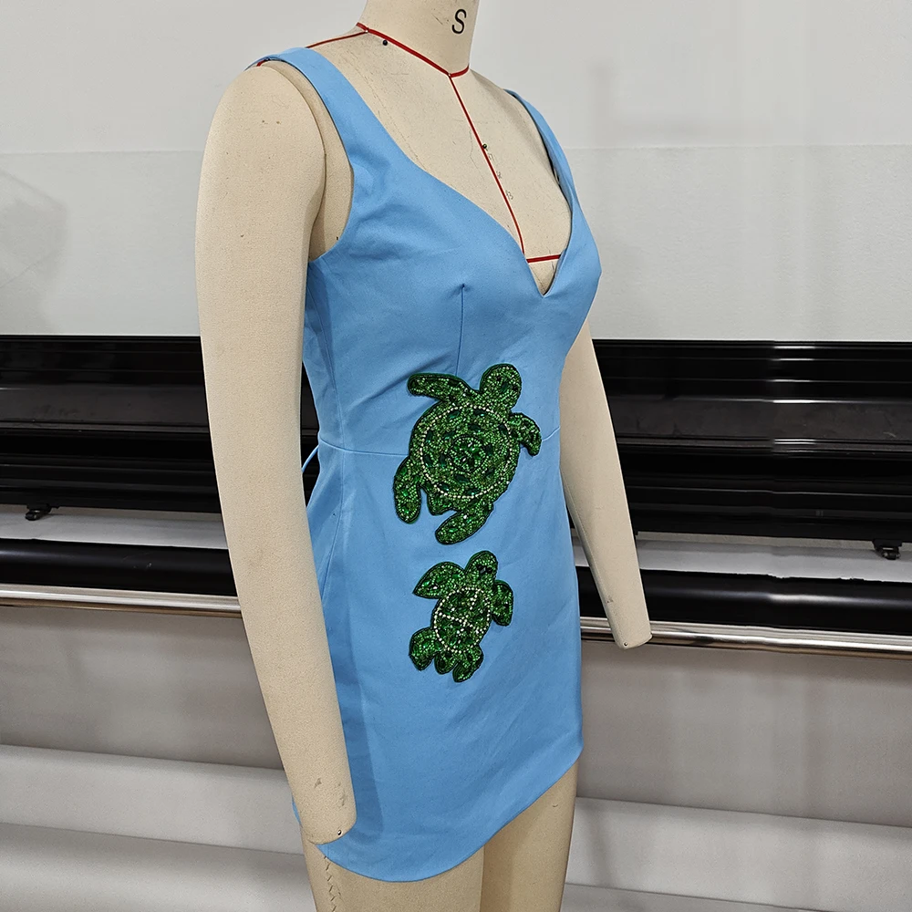 Elegant Blue Beaded Turtle Mini Dress Sexy Corset Lace Up Bodycon Dresses Fashionable Dinner Party Cocktail Graduation Gown view 3